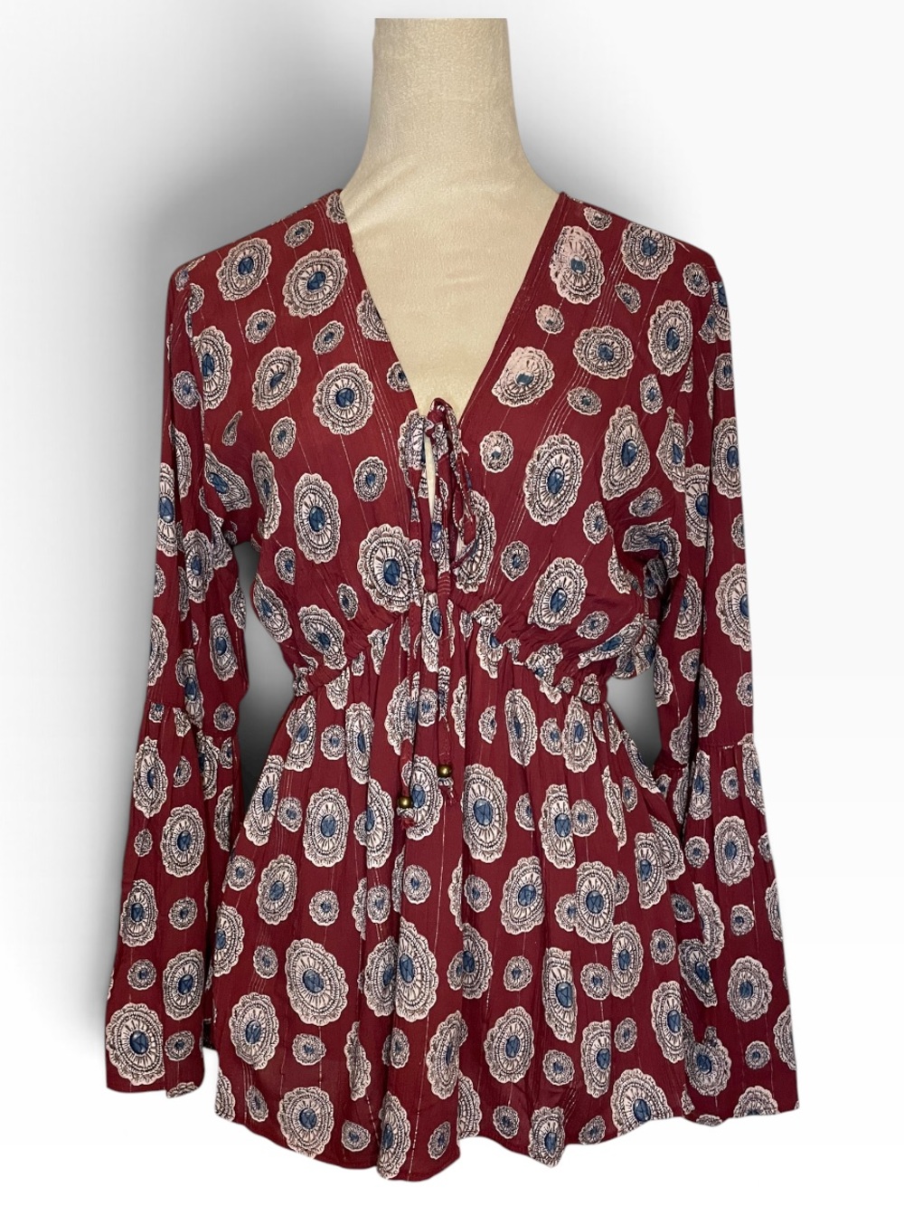 Rockin' C Burgundy Boho Floral Bell Sleeve Top Size Sm